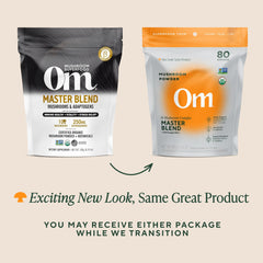 OM Mushrooms Master Blend label emphasizing 80 servings per pouch