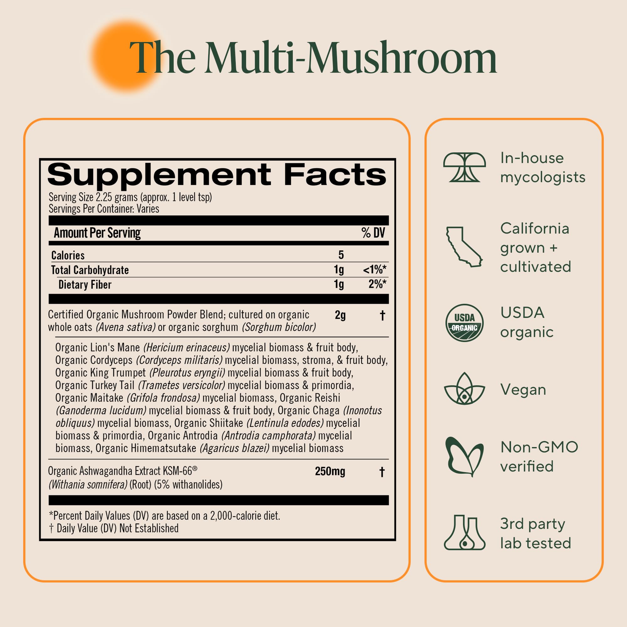 OM Mushrooms Master Blend packaging that highlights USA-grown organic credentials