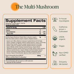 OM Mushrooms Master Blend packaging that highlights USA-grown organic credentials