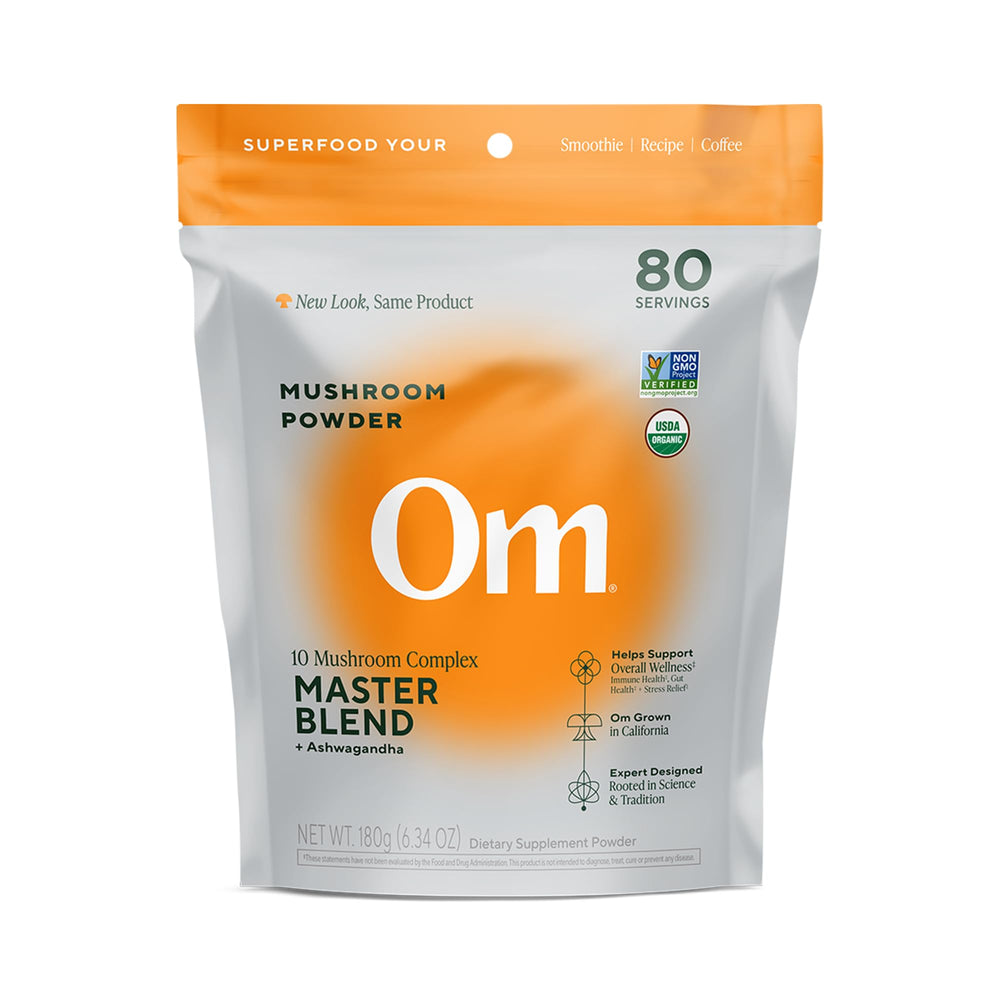 OM Mushrooms Master Blend powder jar showing a rich, immune support and gut health blend