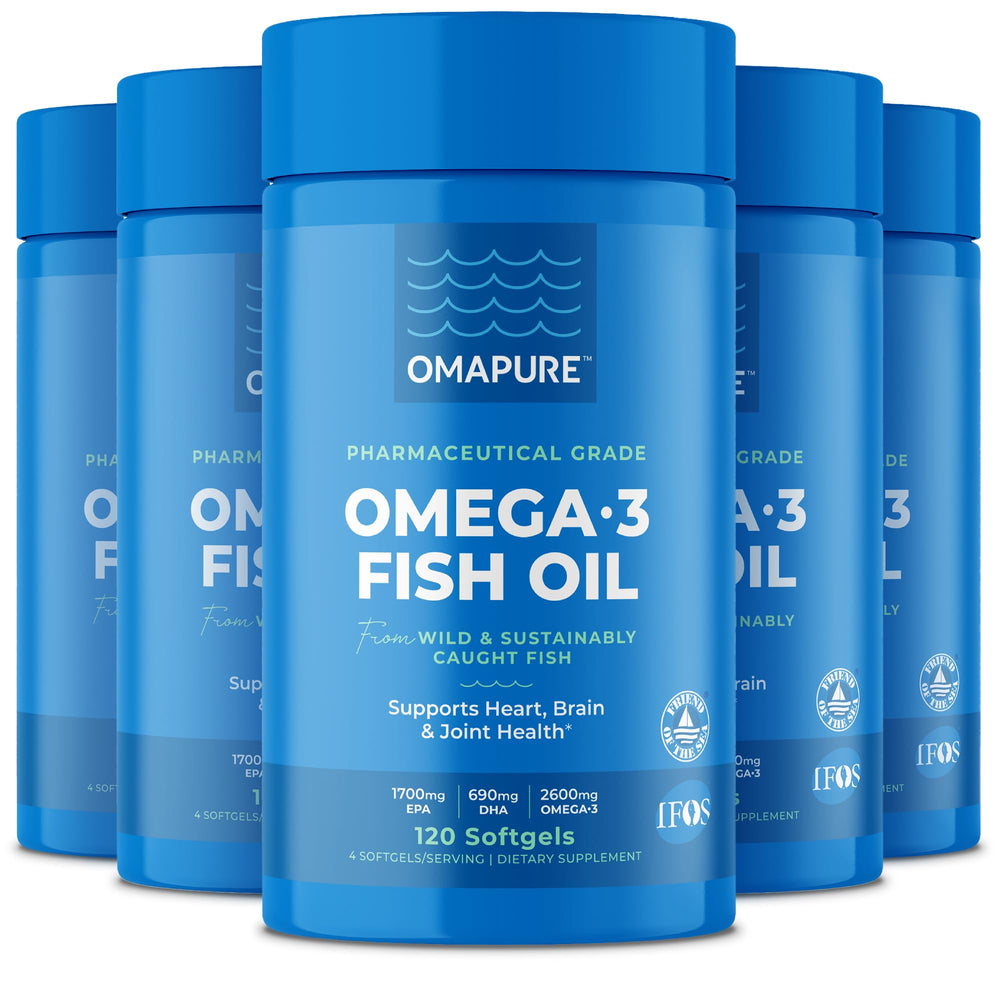 OMAPURE Fish Oil bottle packaging shows a five-bottle set for easy daily intake.