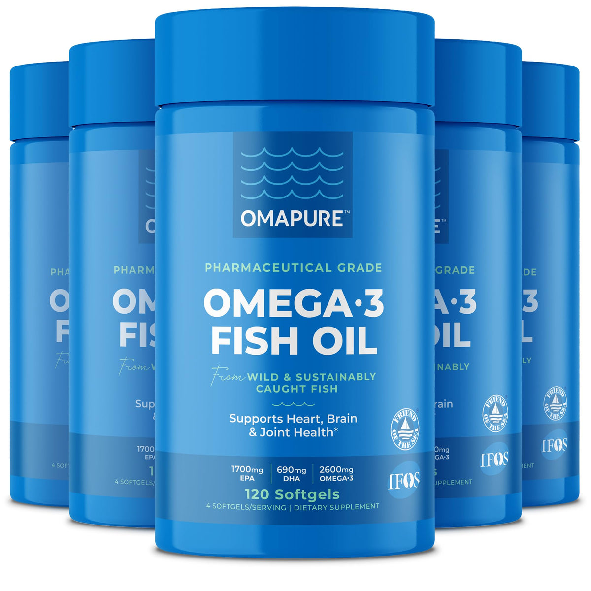 OMAPURE Fish Oil bottle packaging shows a five-bottle set for easy daily intake.