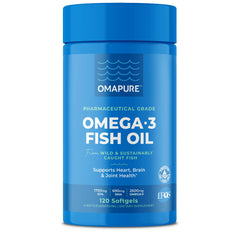 OMAPURE Fish Oil bottle highlighting pure Omega-3 formula for daily support.