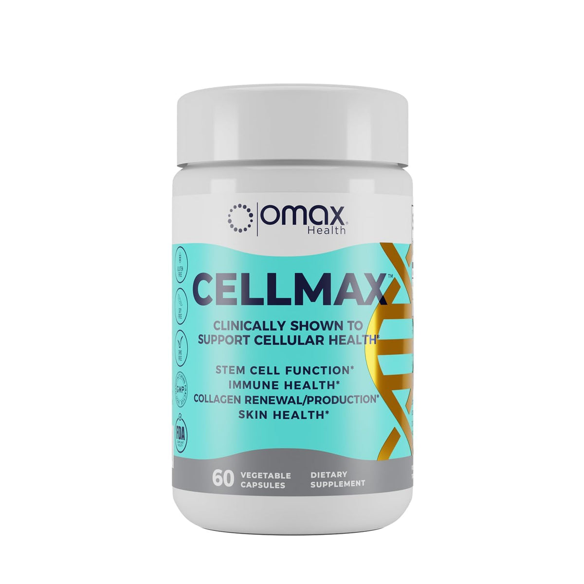 Omax3 Cellmax bottle and label on a clean countertop, signaling trusted daily health support.