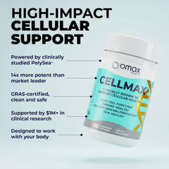 Omax3 Cellmax packaging shown with sustainability cues and allergen-free claims.