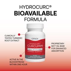 Omax3 HydroCurc curcumin extract close-up emphasizes potent 150mg per softgel.