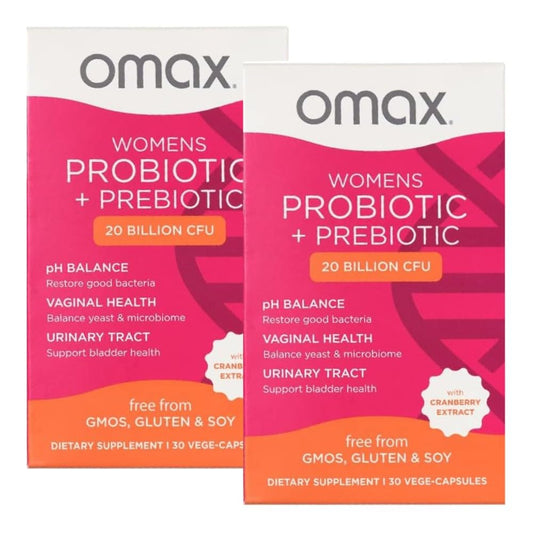 Omax3 Women's Cranberry Probiotic bottle shows daily balance for gut and urinary health