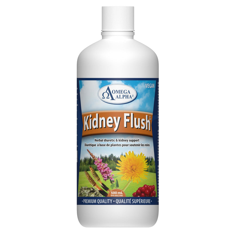 Omega Alpha Kidney Flush bottle pour, easy daily use in a herbal routine.