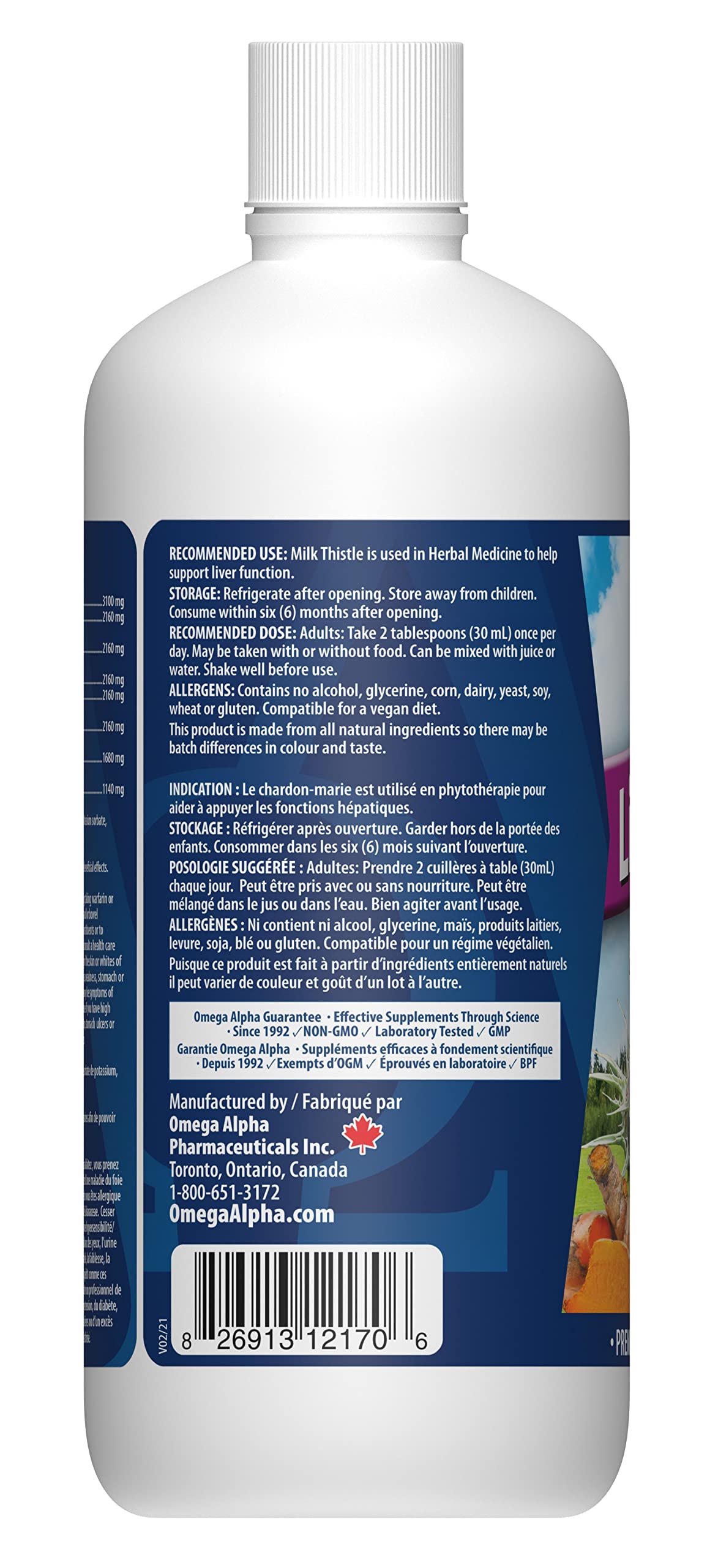 Omega Alpha Liver Flush ingredients panel highlighting milk thistle and other herbs for herbal support.