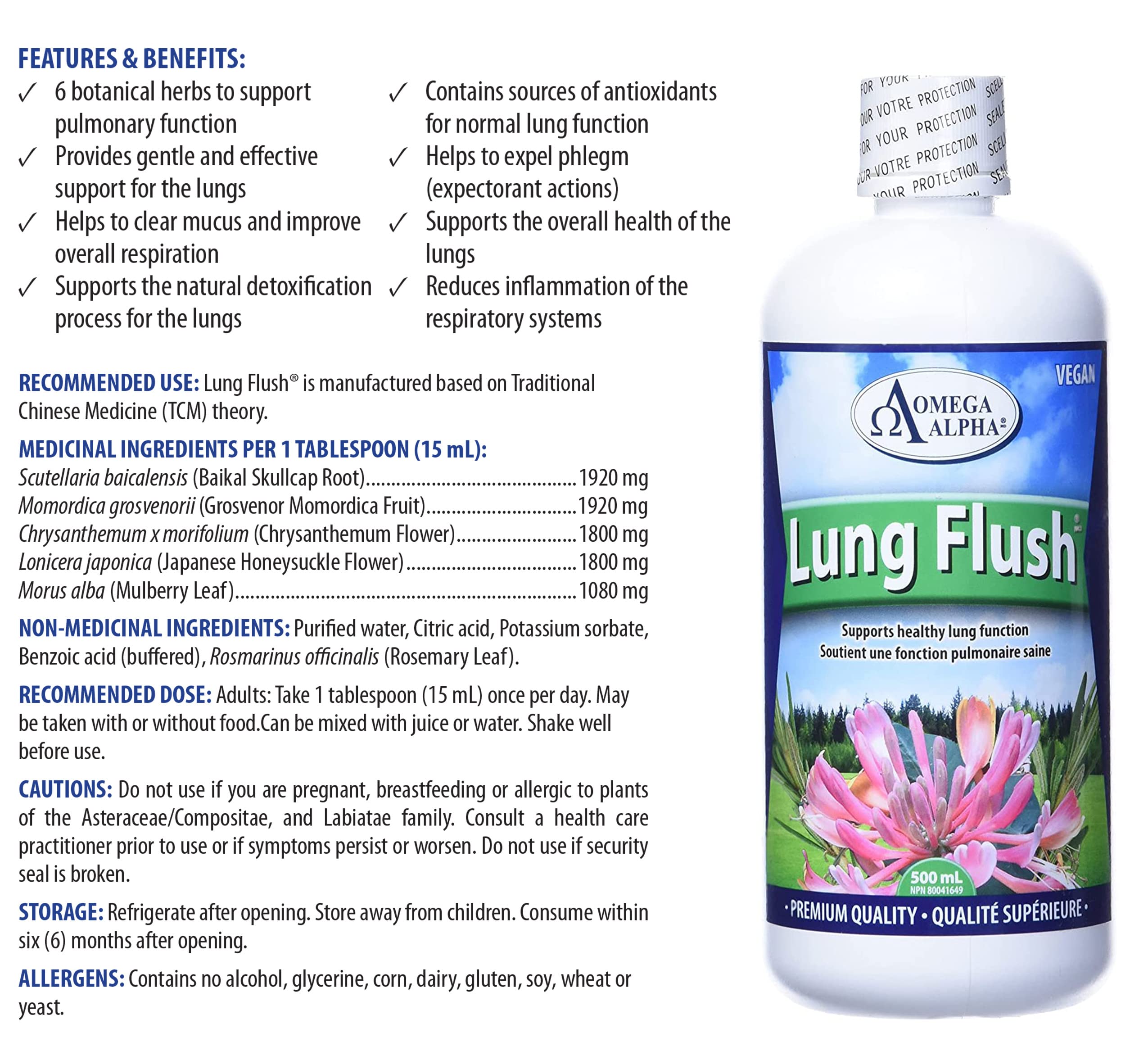 Omega Alpha Lung Flush label closeup highlights ingredients and vegan formula.