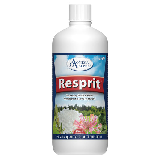 Omega Alpha Resprit bottle pour shows a traditional herbal blend for respiratory support.