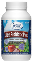 Omega Alpha Ultra Probiotic Plus bottle front shows eight strains for gut balance.