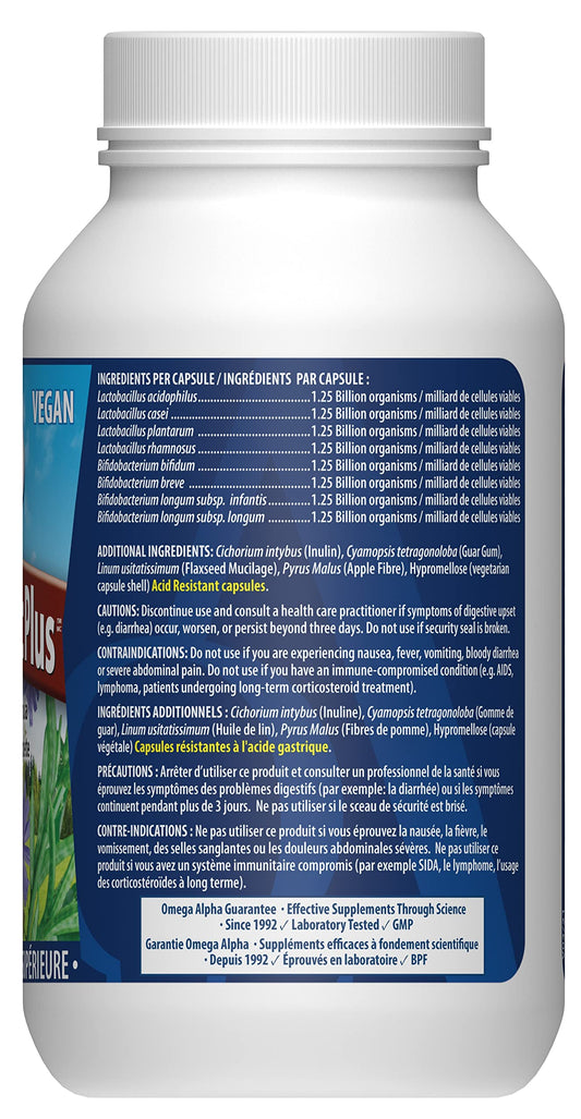 Omega Alpha Ultra Probiotic Plus bottle label highlights freeze-dried capsules for travel-friendly use.