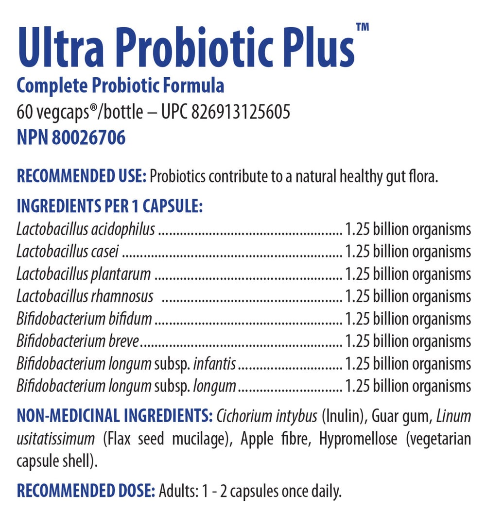Omega Alpha Ultra Probiotic Plus packaging notes gluten-free formula and allergen considerations.