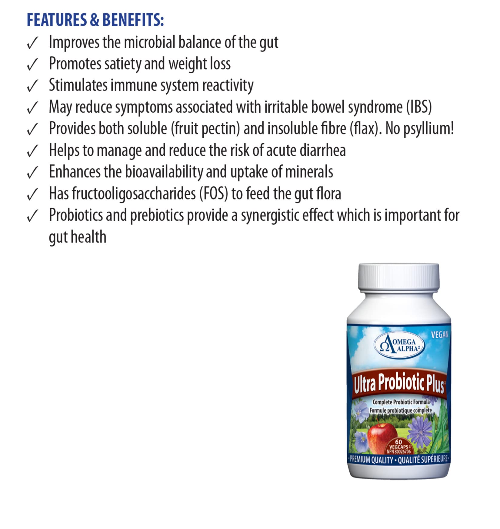 Omega Alpha Ultra Probiotic Plus packaging highlights inulin and prebiotic fibre for gut nourishment.