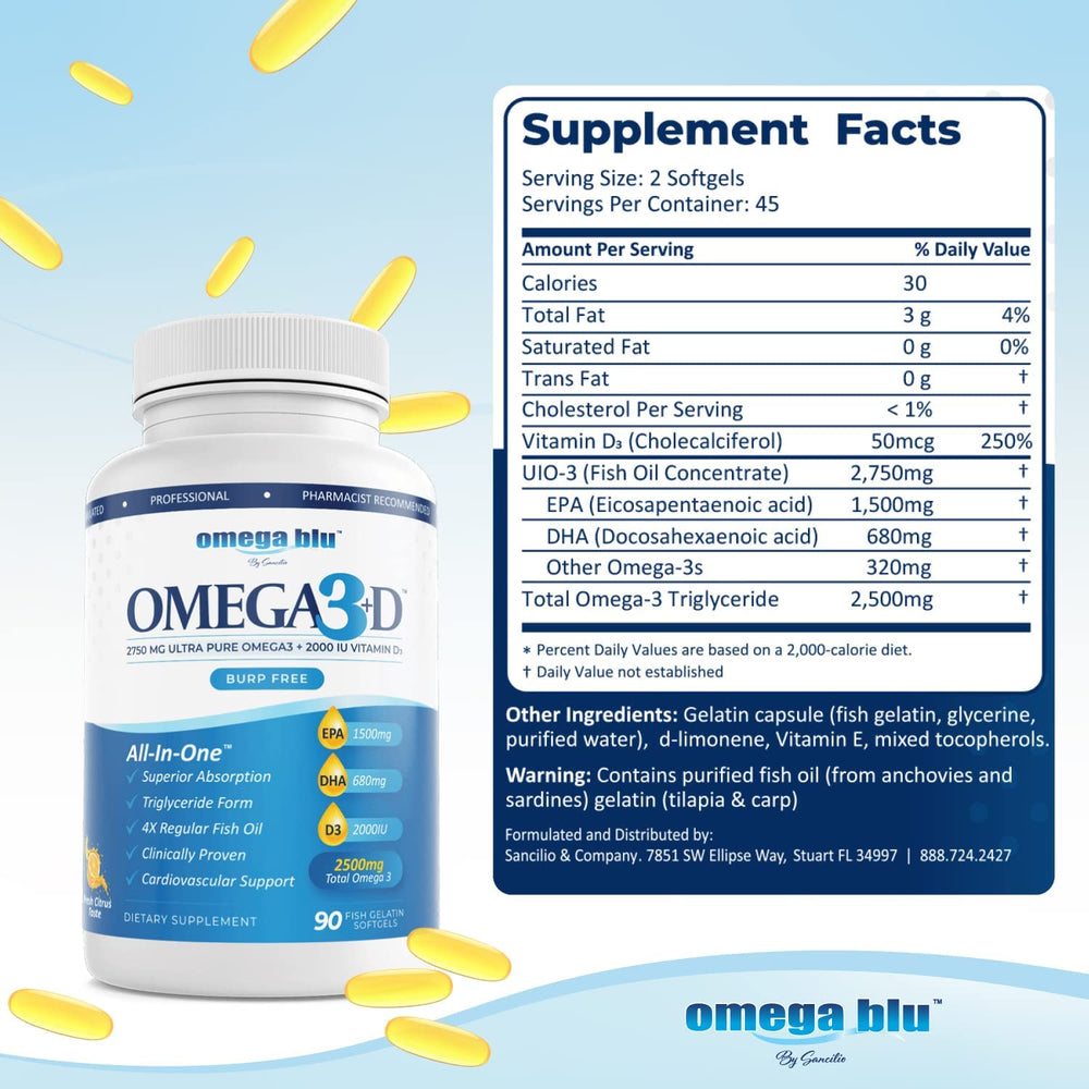 Omega Blu bottle label shows 90 servings and high potency