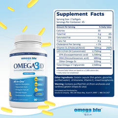Omega Blu bottle label shows 90 servings and high potency