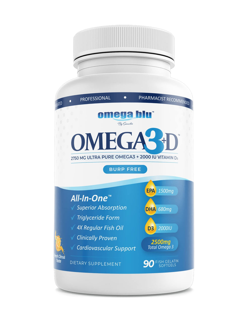 Omega Blu triple-strength capsules being poured for easy daily Omega-3 intake