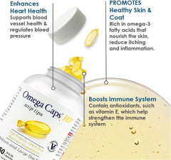 Omega Caps snips-on-food application for easy, mess-free dosing on dog meals.