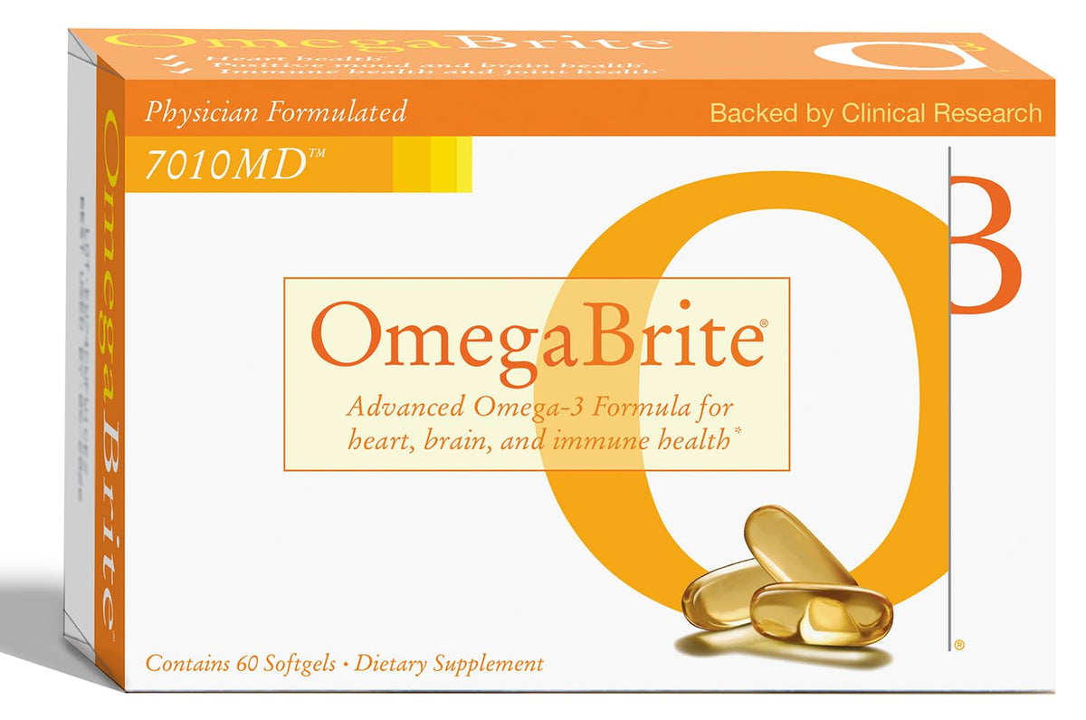 OmegaBrite 7010MD softgel bottle front for daily omega-3 support.