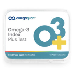 OmegaQuant Omega-3 Index Plus kit cover showing at-home testing for personalized health insights.