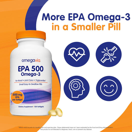 OmegaVia EPA 500 bottle front displays brand and purity