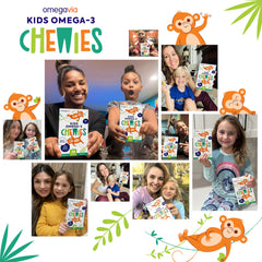 OmegaVia Kids Omega 3 Gummies daily DHA support for brain and eye health.