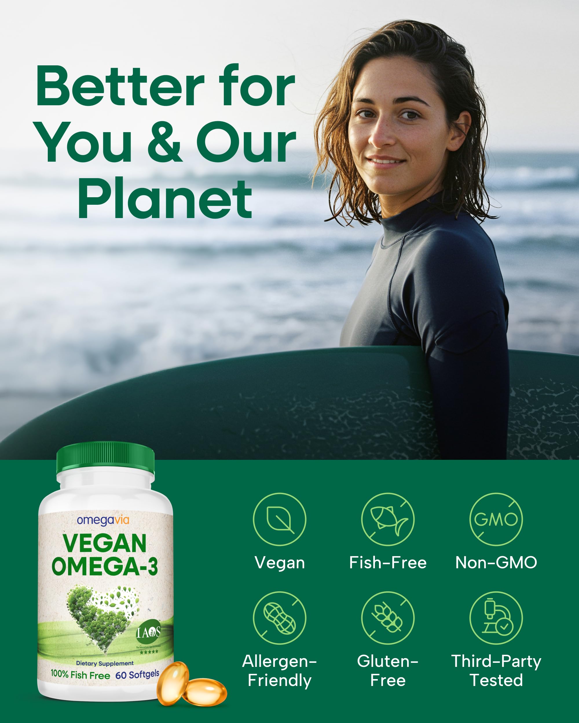 OmegaVia vegan omega-3 plant-based ingredients illustration showing algae origin.