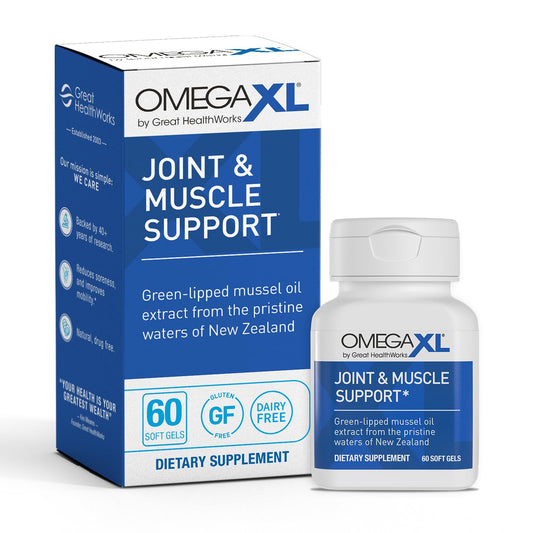OmegaXL bottle-front for joint mobility support in daily life.