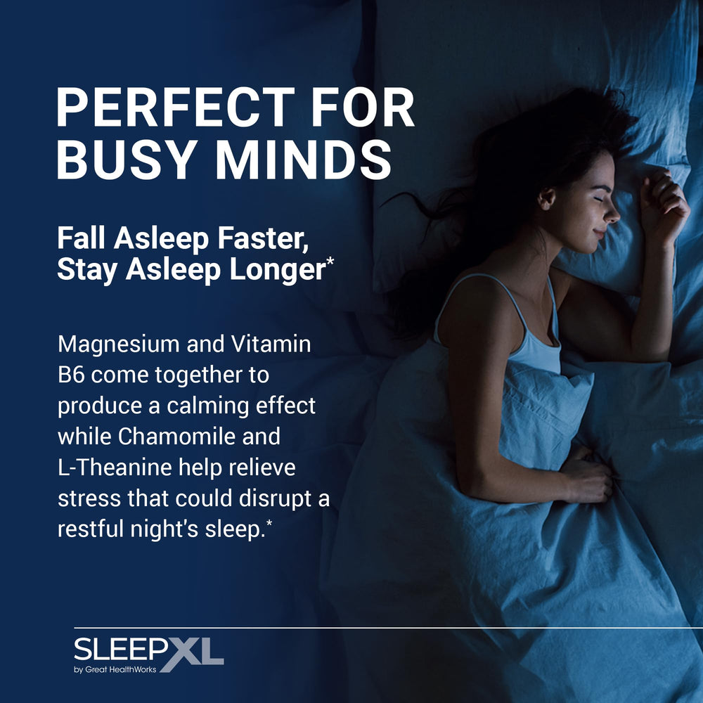 SleepXL bottle in a softly lit bedroom evokes easier sleep onset.