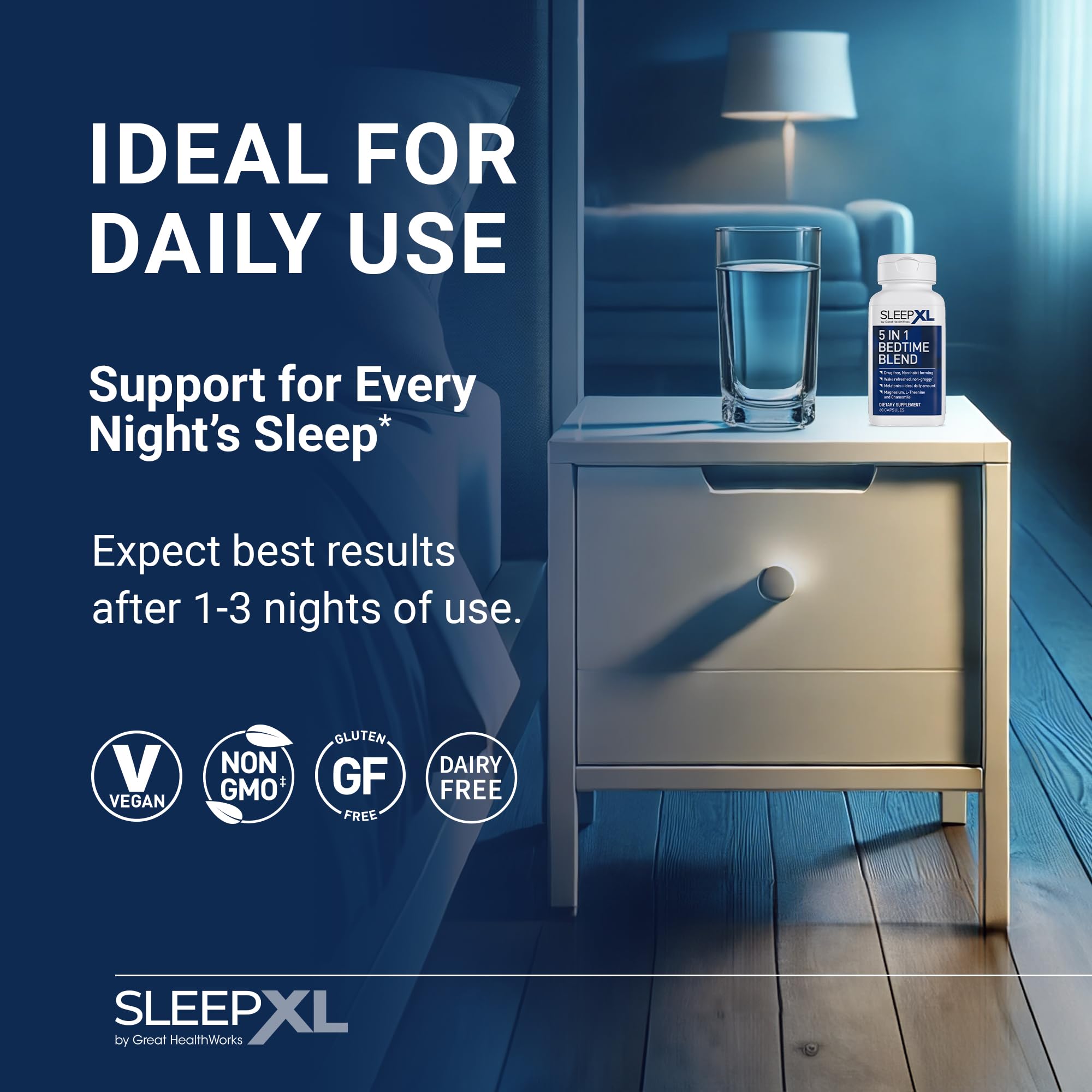 Chamomile and magnesium icons on SleepXL packaging suggest calming evenings.