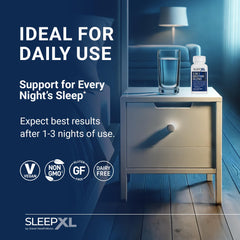 Chamomile and magnesium icons on SleepXL packaging suggest calming evenings.