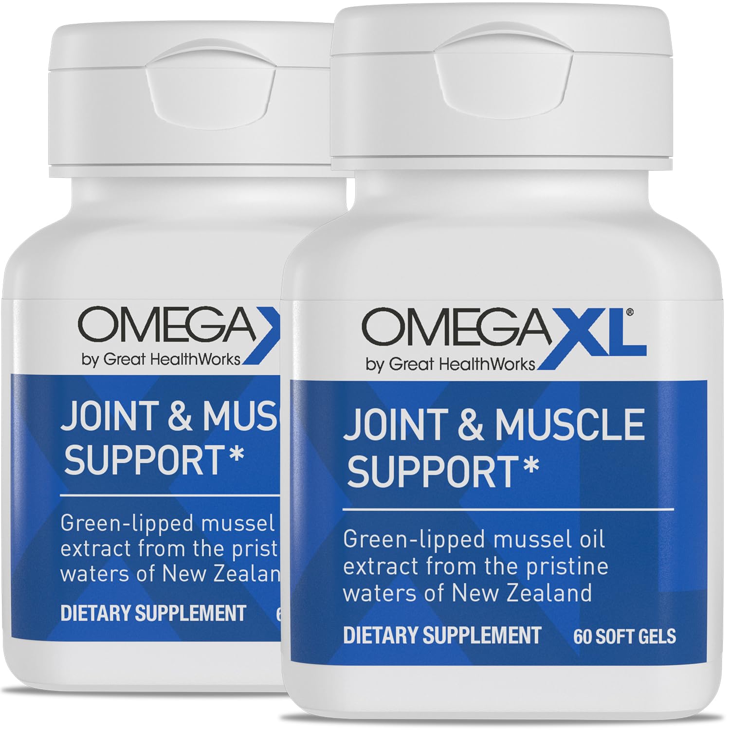 OmegaXL softgel bottle showing easy, drug-free joint support in a convenient form.
