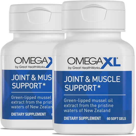 OmegaXL softgel bottle showing easy, drug-free joint support in a convenient form.