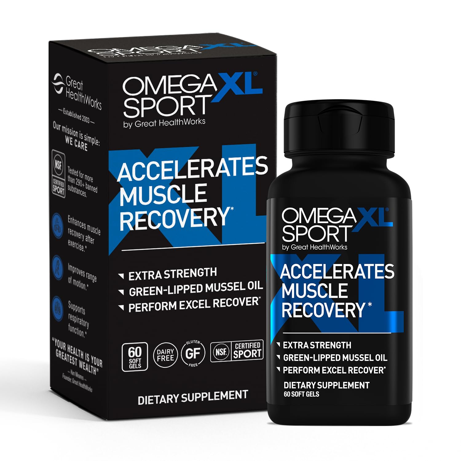 OmegaXL Sport bottle front view signaling a supplement for muscle recovery