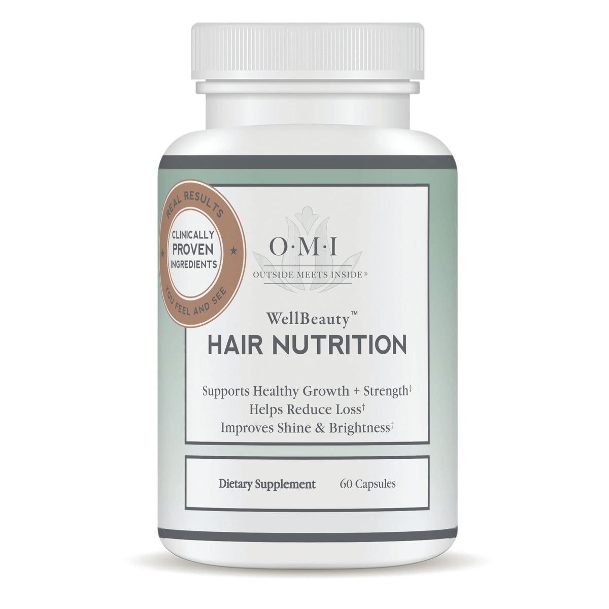 OMI WellBeauty Hair Nutrition bottle highlighting keratin and vitamins to support hair health