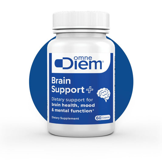 Omne Diem Brain Support bottle front shows convenient capsules for daily brain health.