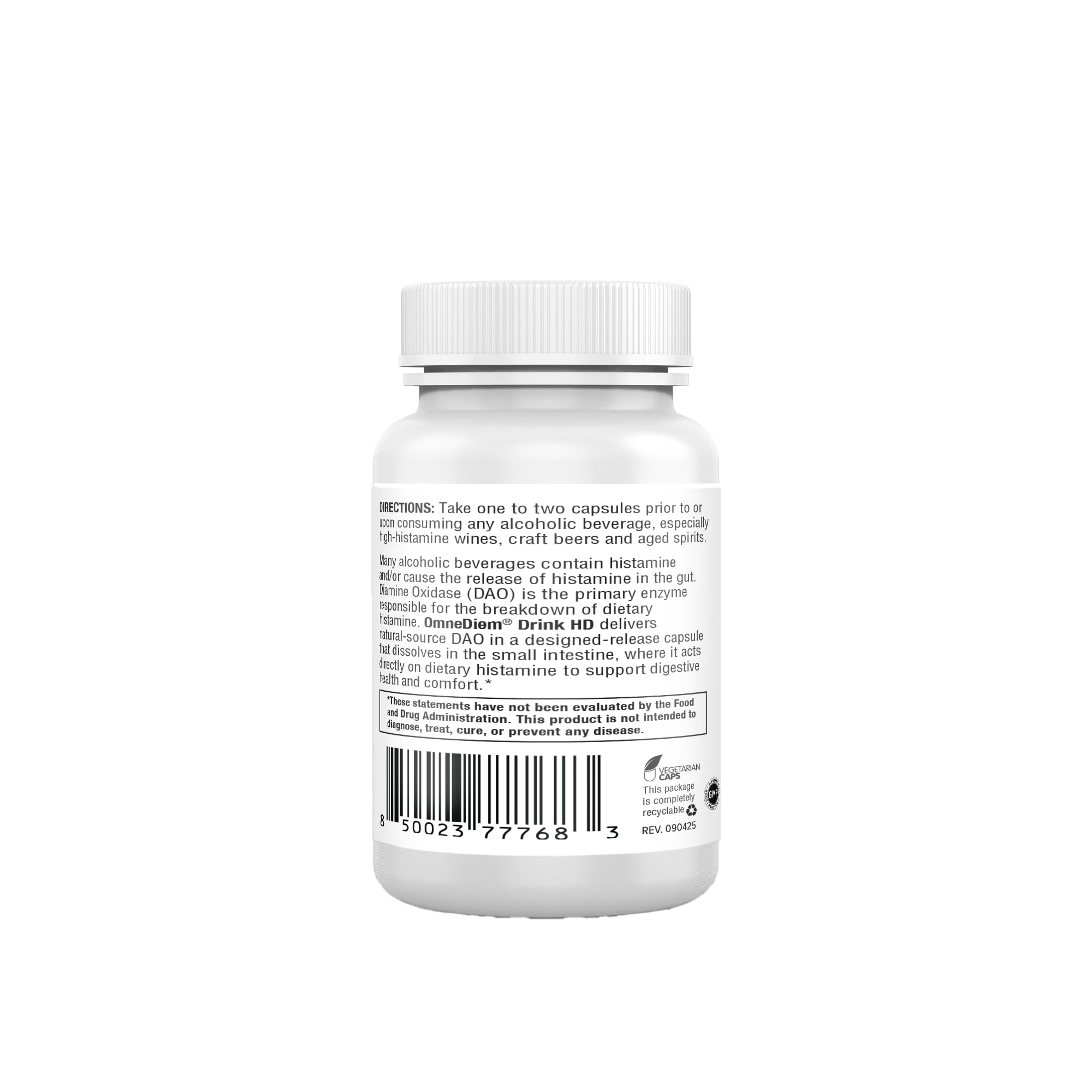 Omne Diem DrinkHD bottle back reveals ingredients and allergen-free details.