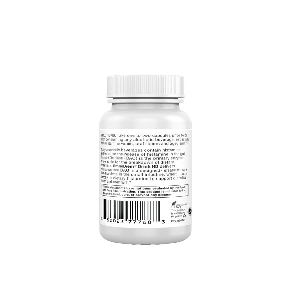 Omne Diem DrinkHD bottle back reveals ingredients and allergen-free details.