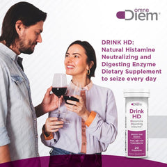Omne Diem DrinkHD label close-up displaying 30,000 HDUs DAO enzymes.