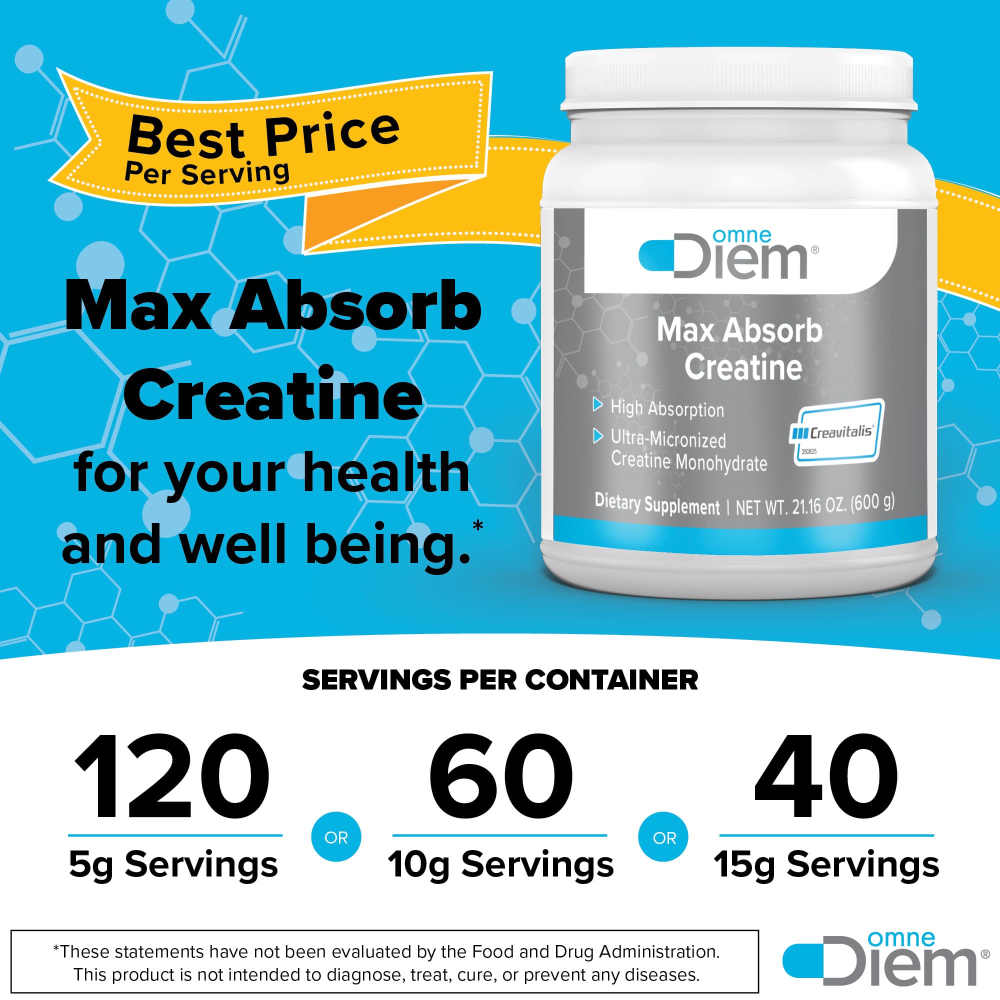 Omne Diem Creatine scoop showing a five-gram serving for daily use