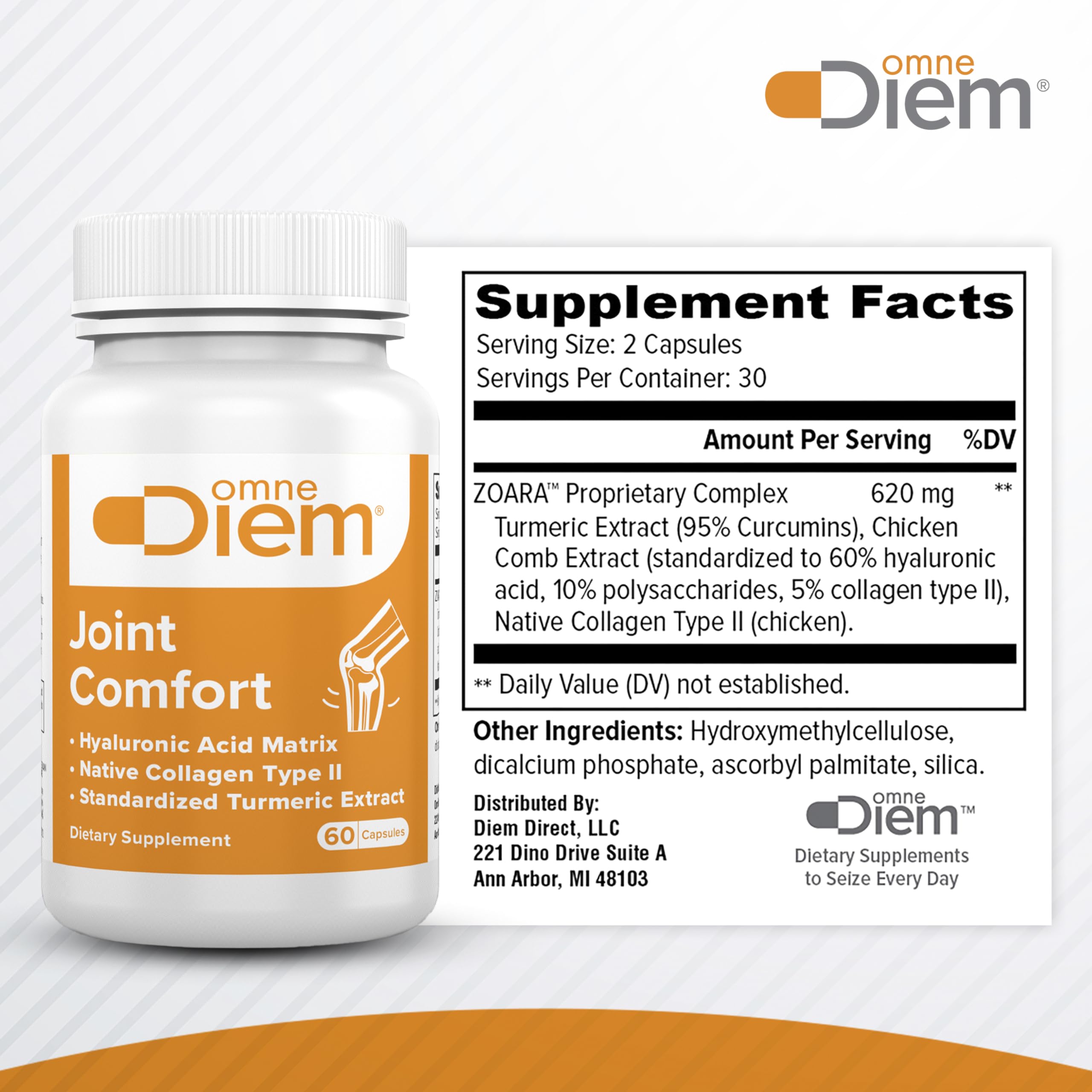 OmneDiem Joint Comfort capsules shown for easy, regular intake.