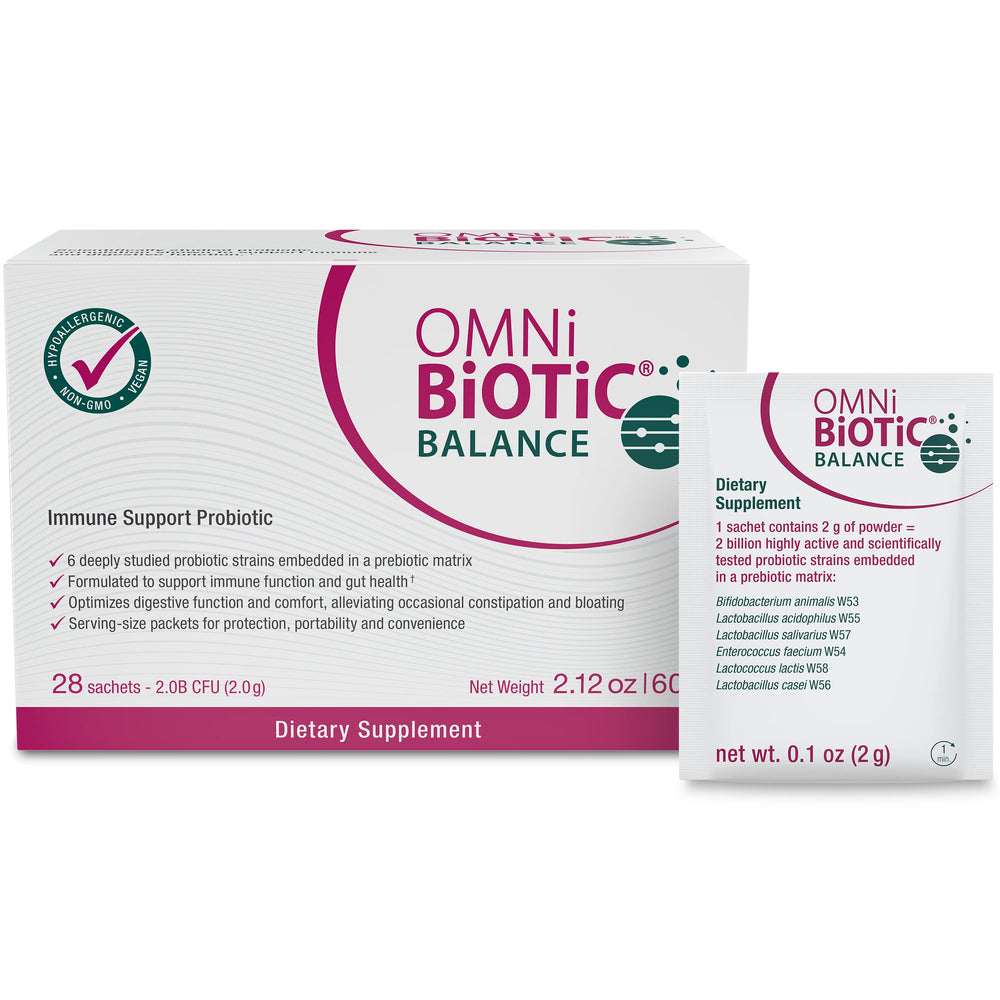 OMNi BiOTiC Balance bottle showing probiotic immune support for daily wellness