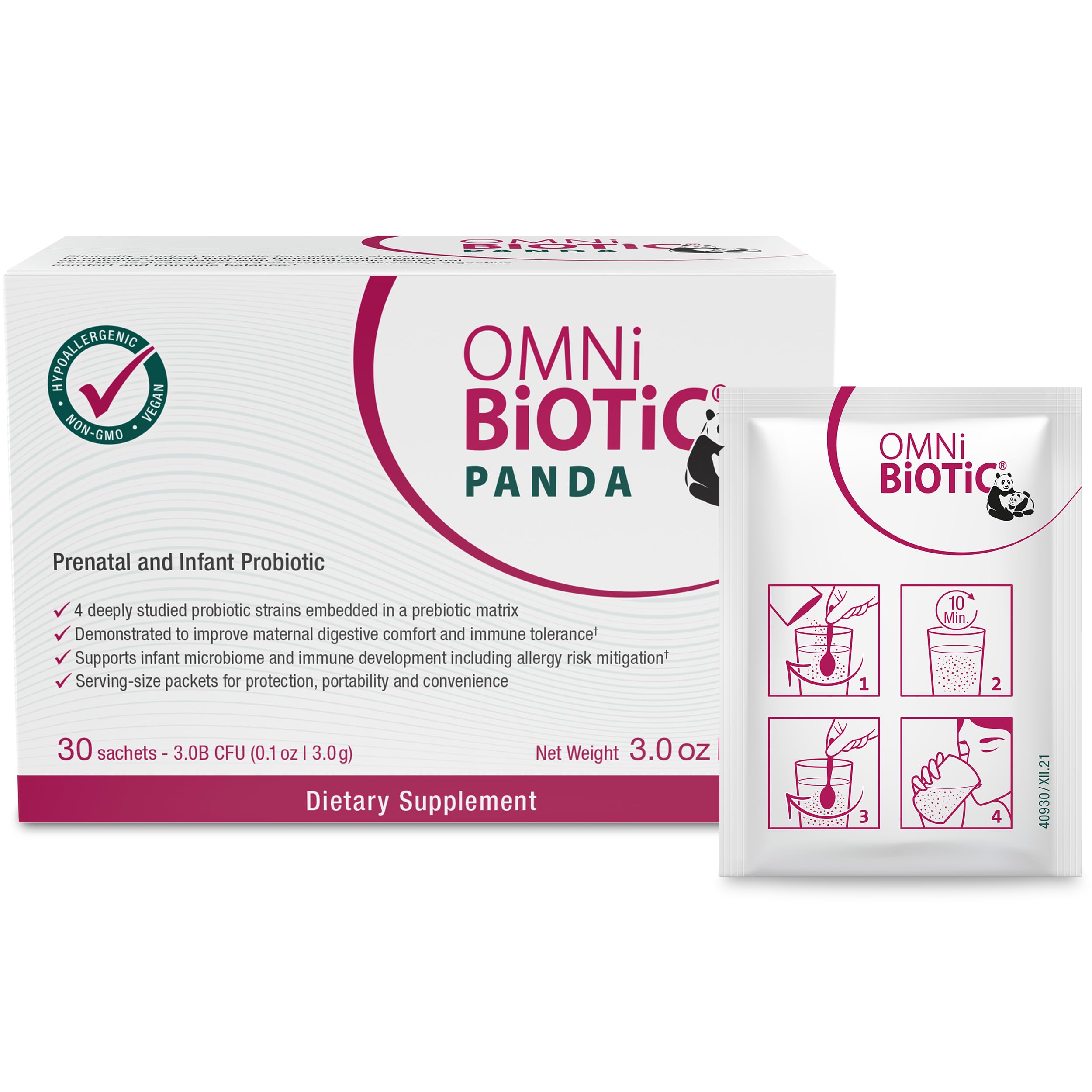OMNi BiOTiC Panda prenatal probiotic powder sachet supports daily digestion during pregnancy.