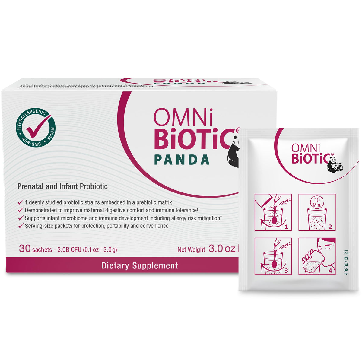 OMNi BiOTiC Panda prenatal probiotic powder sachet supports daily digestion during pregnancy.