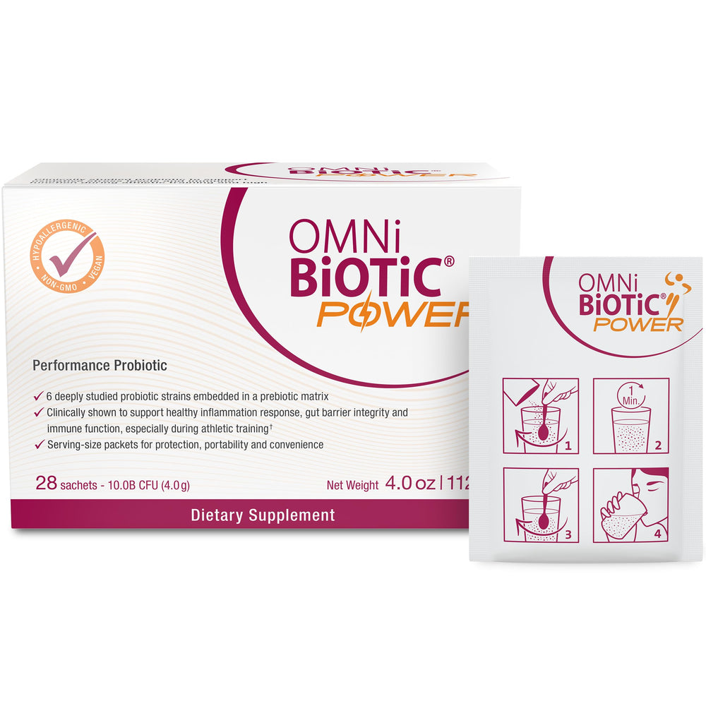 OMNi-BiOTiC Power bottle pouring probiotic powder for convenient daily use