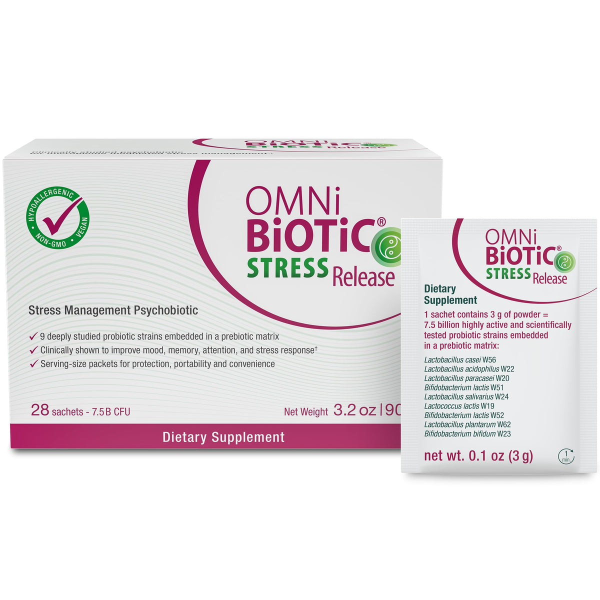 OMNi BiOTiC Stress Release packaging shown for on-the-go stress support