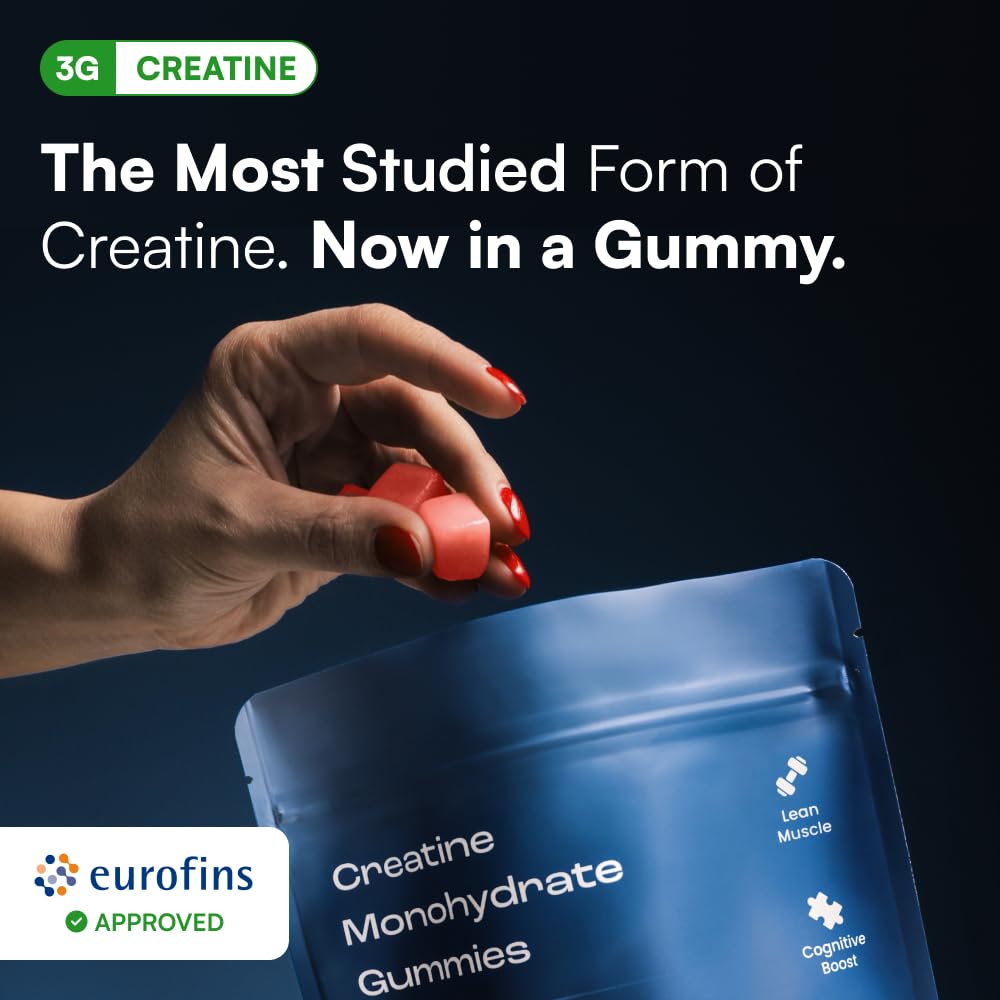 Close-up of a single gummy highlighting 1g creatine per chew.