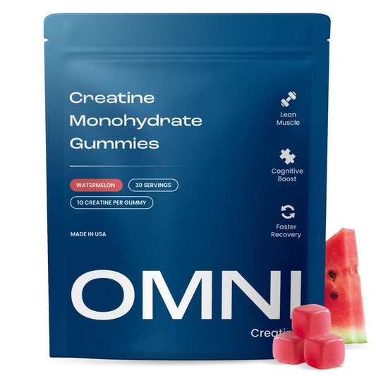 OMNI Creatine Gummies in watermelon bottle for convenient workout fueling.