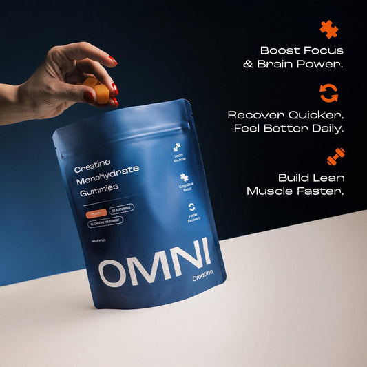 OMNI Creatine Gummies on the go, easy chew for workouts and focus.